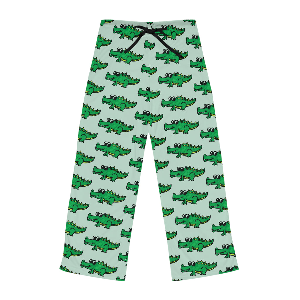 Hand-Drawn Green Cartoon Alligator Pajama Pants | Cute Repeating Gator Pattern