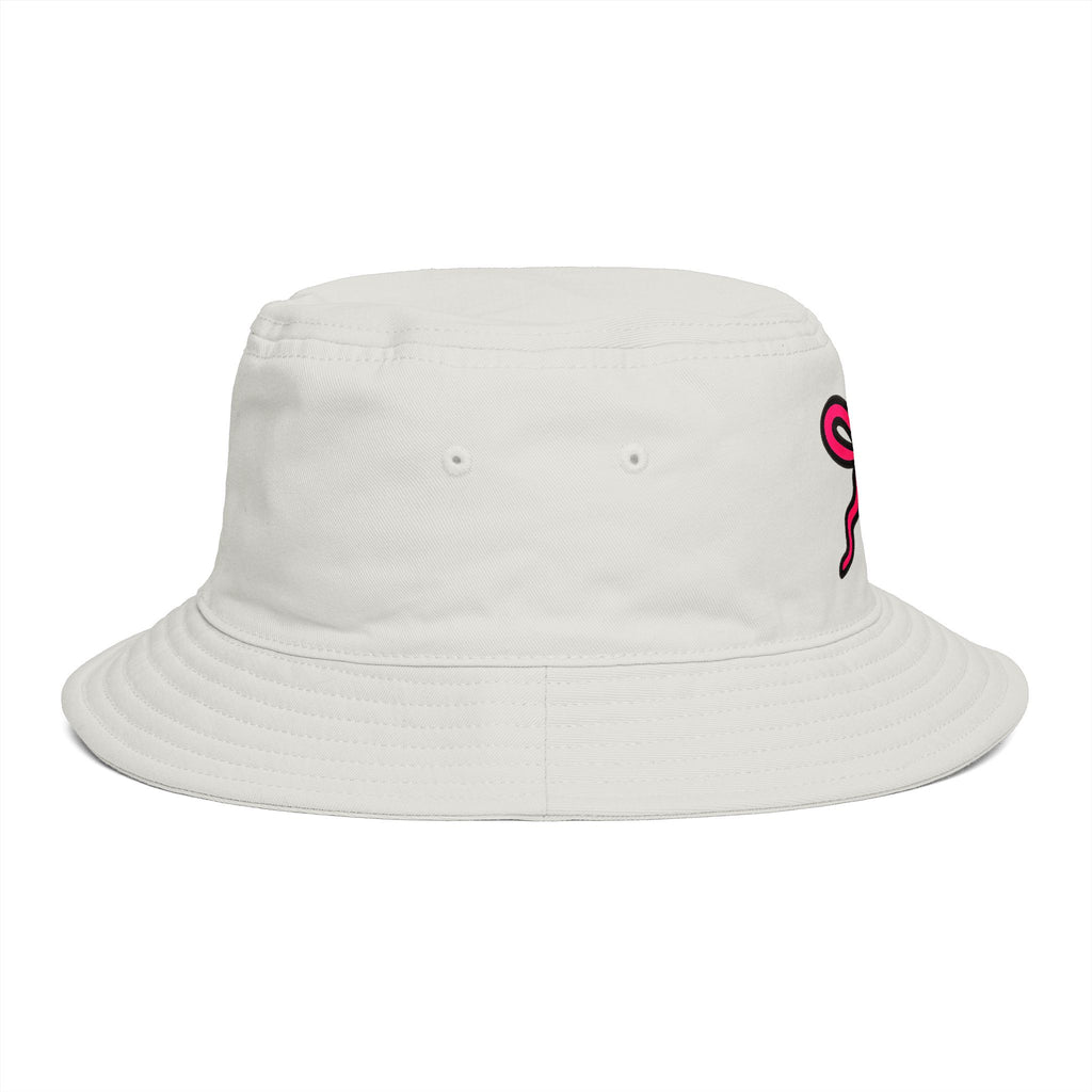 Hand-Drawn Pink Ribbon Bunny Logo Bucket Hat | Cute Minimal Bow Hat