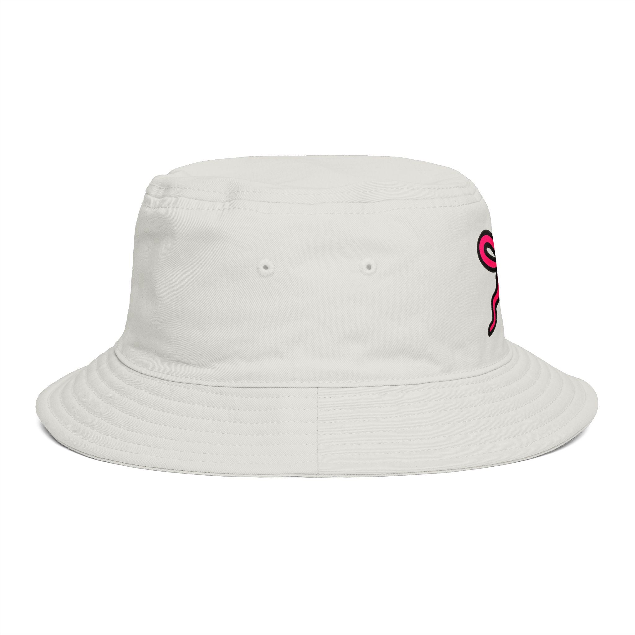 Hand-Drawn Pink Ribbon Bunny Logo Bucket Hat | Cute Minimal Bow Hat