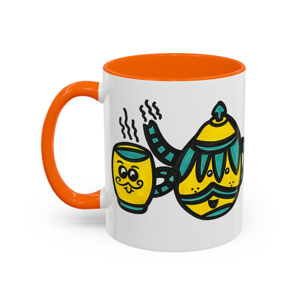 Hand-Drawn Yellow and Teal Mustache Teapot and Smiling Cup Mug | Accent Coffee Mug