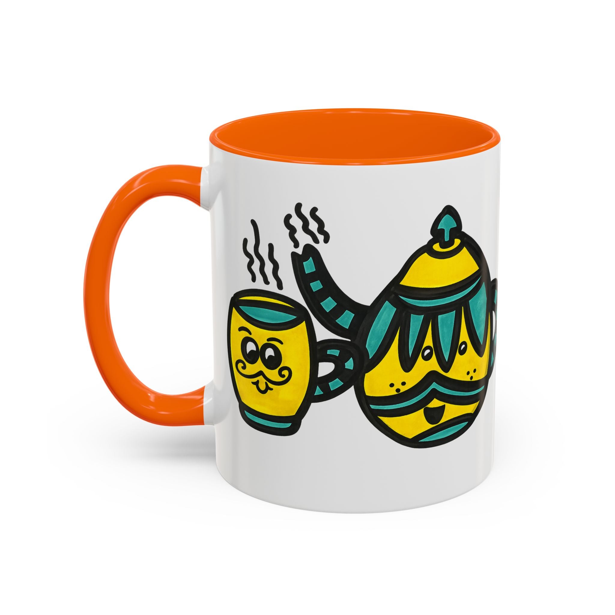 Hand-Drawn Yellow and Teal Mustache Teapot and Smiling Cup Mug | Accent Coffee Mug