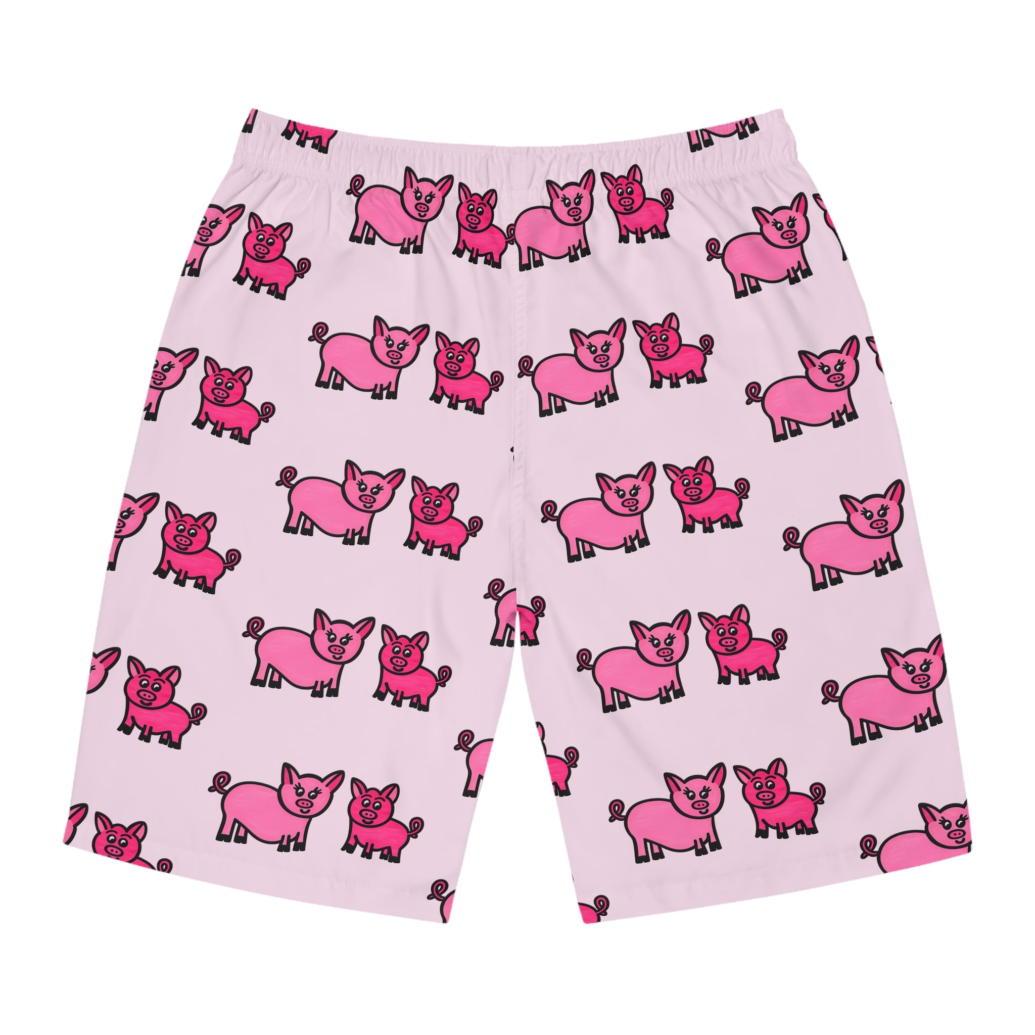 Hand-Drawn Pink Cartoon Pig Pattern Board Shorts | All-Over Print Swim Trunks