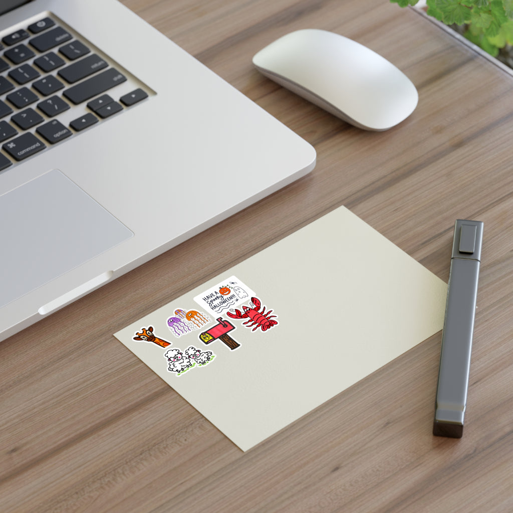 Hand-Drawn Cute Character and Designs Doodle Sticker Sheets | Spooky Ghosts, Lobster, Giraffe, Mailbox, Lamb Duo, and Jellyfish