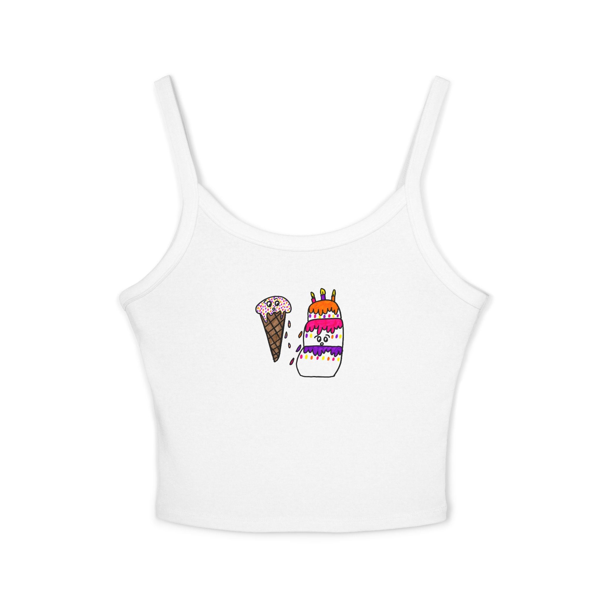 Hand-Drawn Ice Cream and Confetti Cake Tank Top | Cute Dessert/Birthday Cartoon Crop