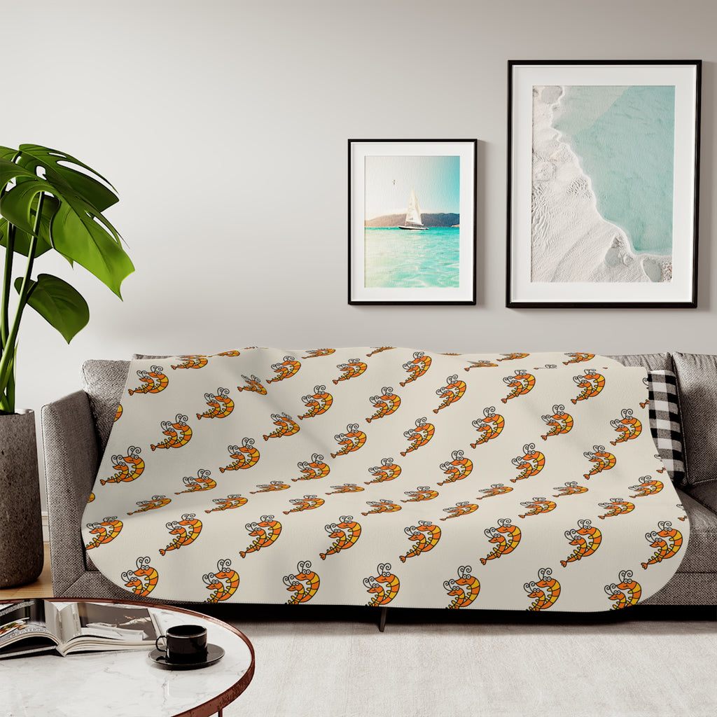 Hand-Drawn Orange Shrimp Duo Pattern Sherpa Blanket | Cozy Ocean Themed Throw