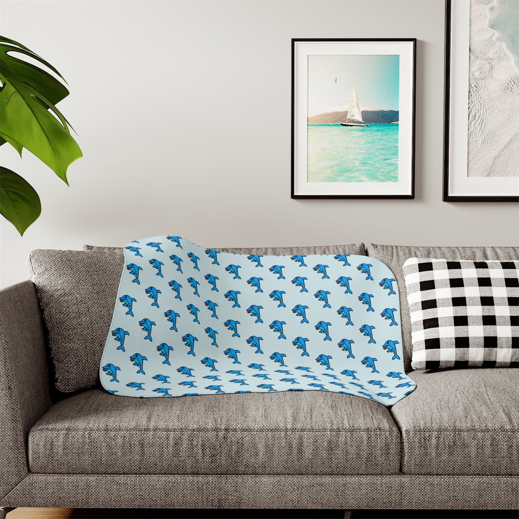 Hand-Drawn Blue Dolphin Pattern Sherpa Blanket | Ocean Animal Kids Throw