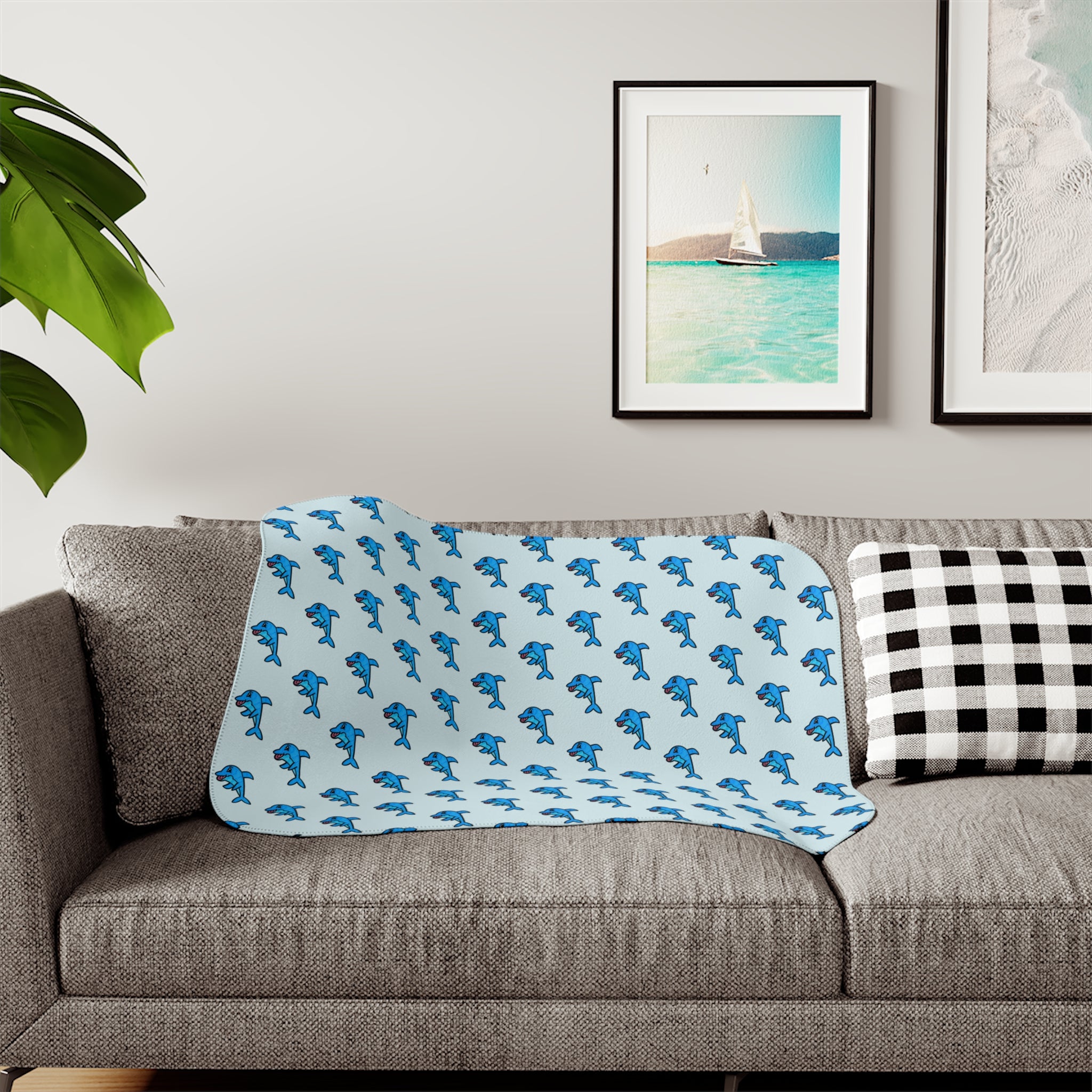 Hand-Drawn Blue Dolphin Pattern Sherpa Blanket | Ocean Animal Kids Throw