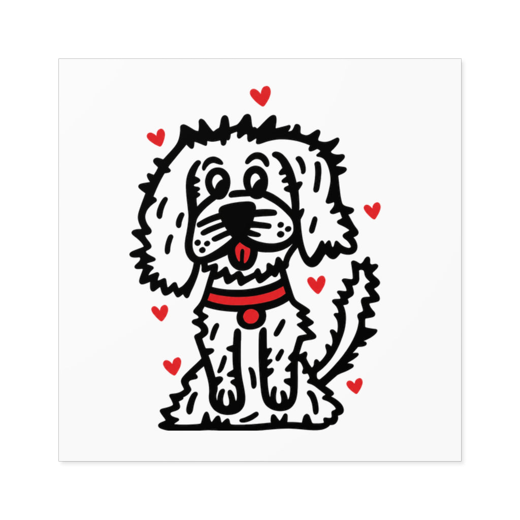 Hand-Drawn Cute Puppy with Red Collar and Red Hearts Square Sticker | Indoor Outdoor