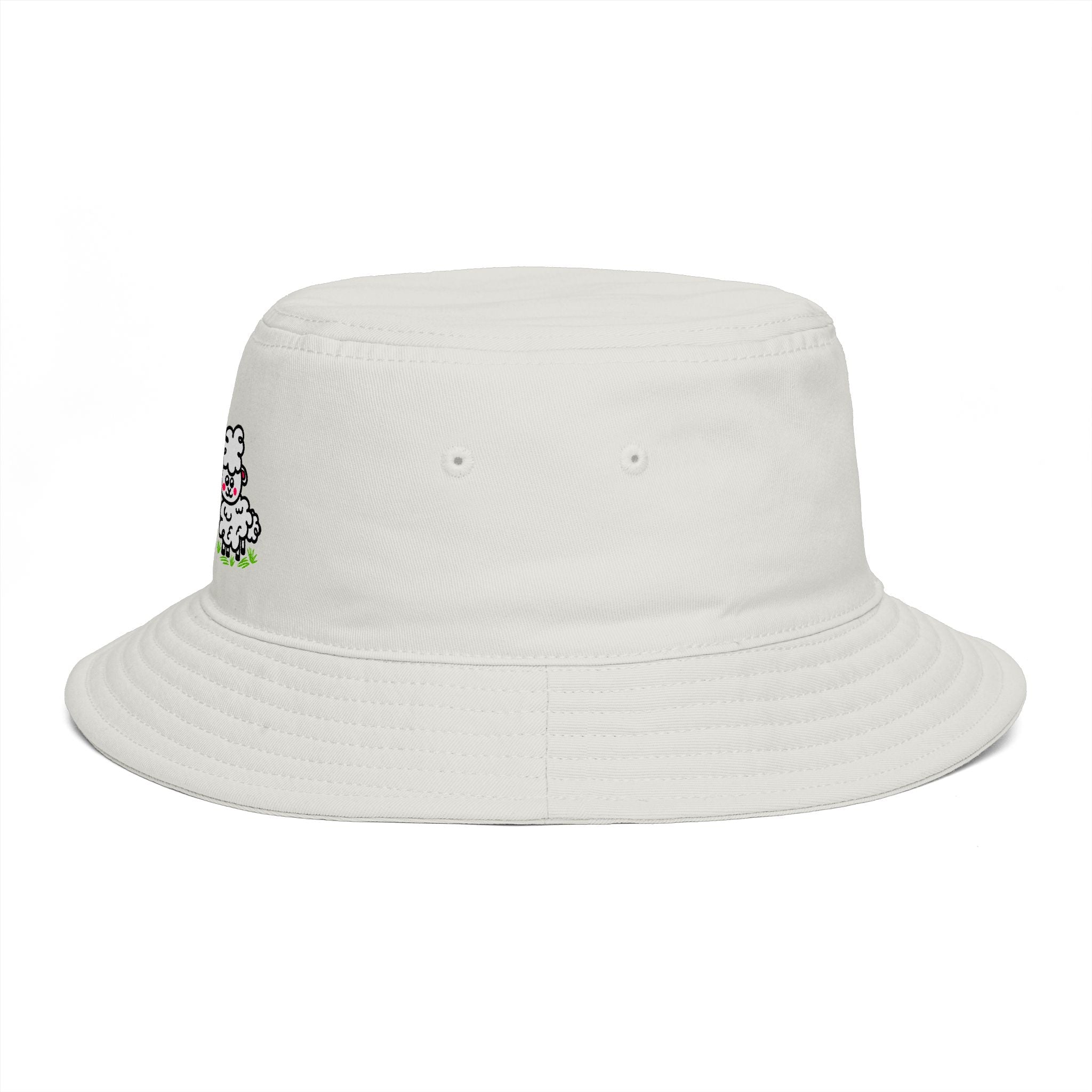 Hand-Drawn Cute Fluffy Sheep Family Bucket Hat | Cartoon Lambs, Pastel Meadow Design