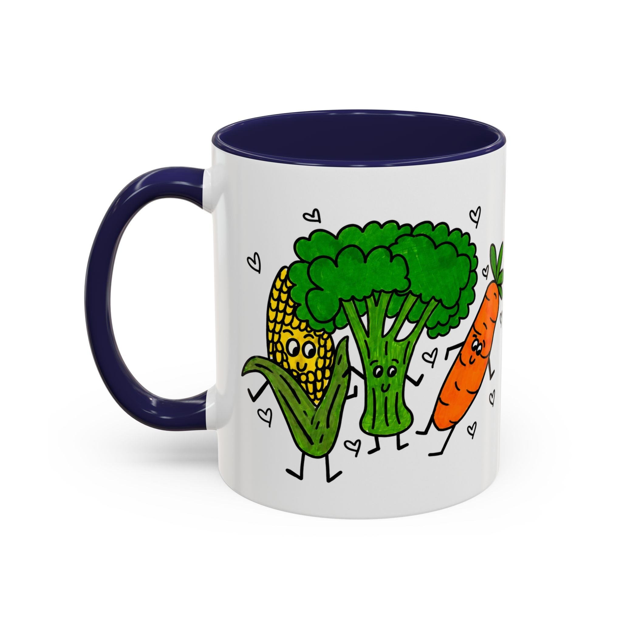 Hand-Drawn Dancing Veggies Carrot Broccoli Corn Mug | Accent Coffee Mug