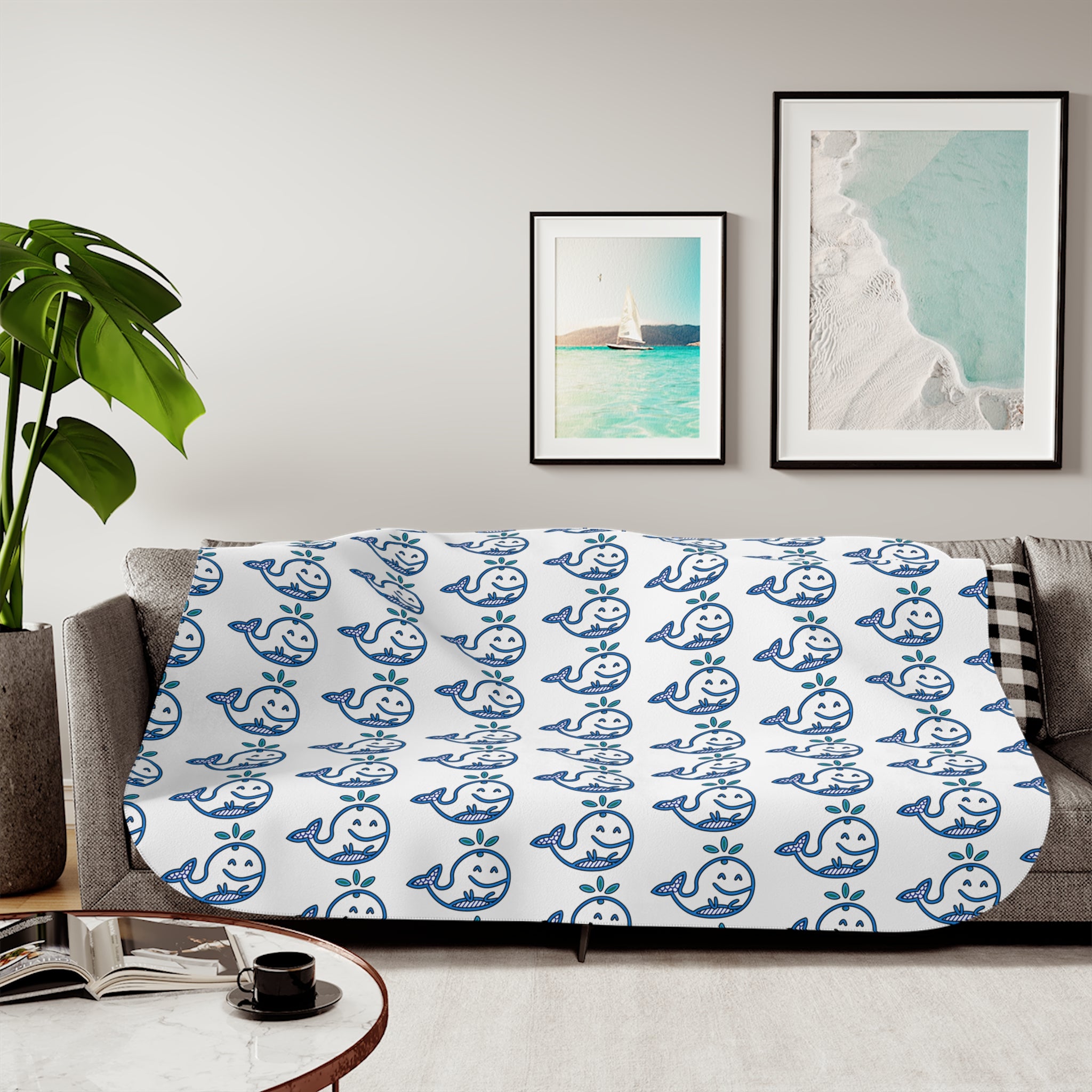 Hand-Drawn Blue Nautical Whale Pattern Sherpa Blanket | Cozy Ocean, Beach house Animal Throw