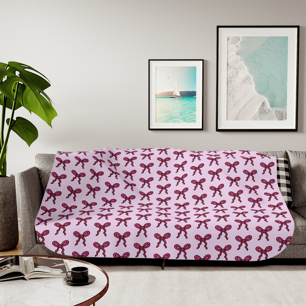 Hand-Drawn Pink Bow Pattern Sherpa Blanket | Cozy Reversible Throw