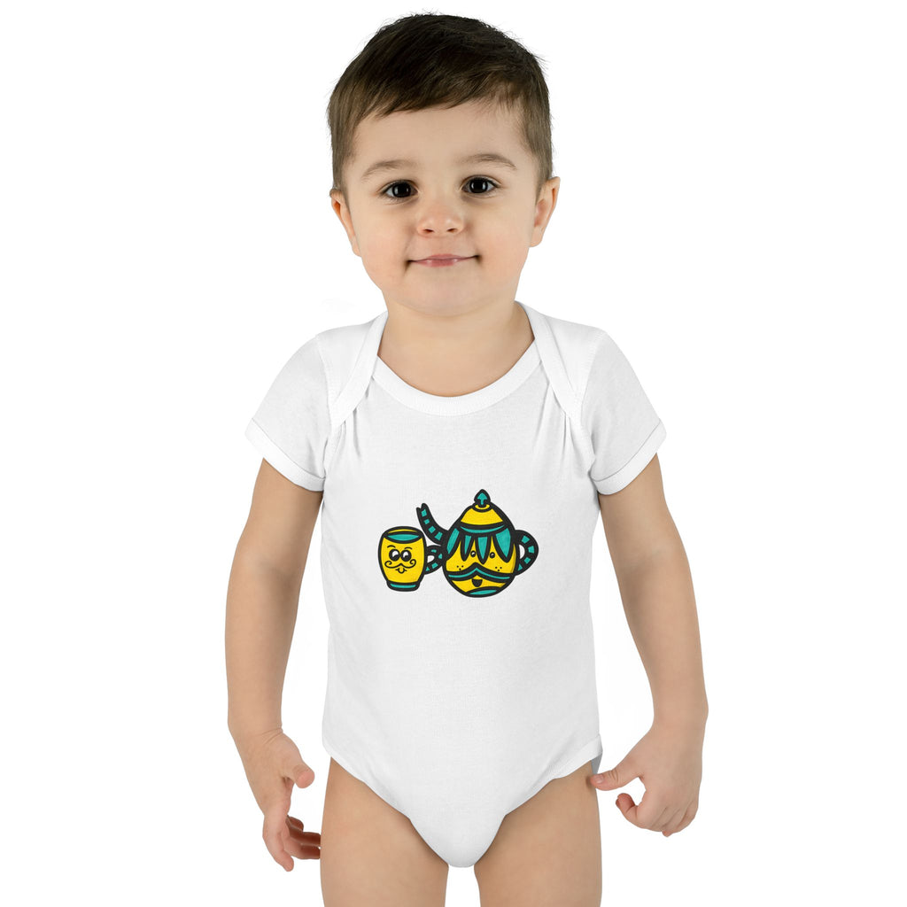 Hand-Drawn Yellow and Teal Teapot and Mustache Cup Baby Bodysuit | Cute Teatime Infant Onesie