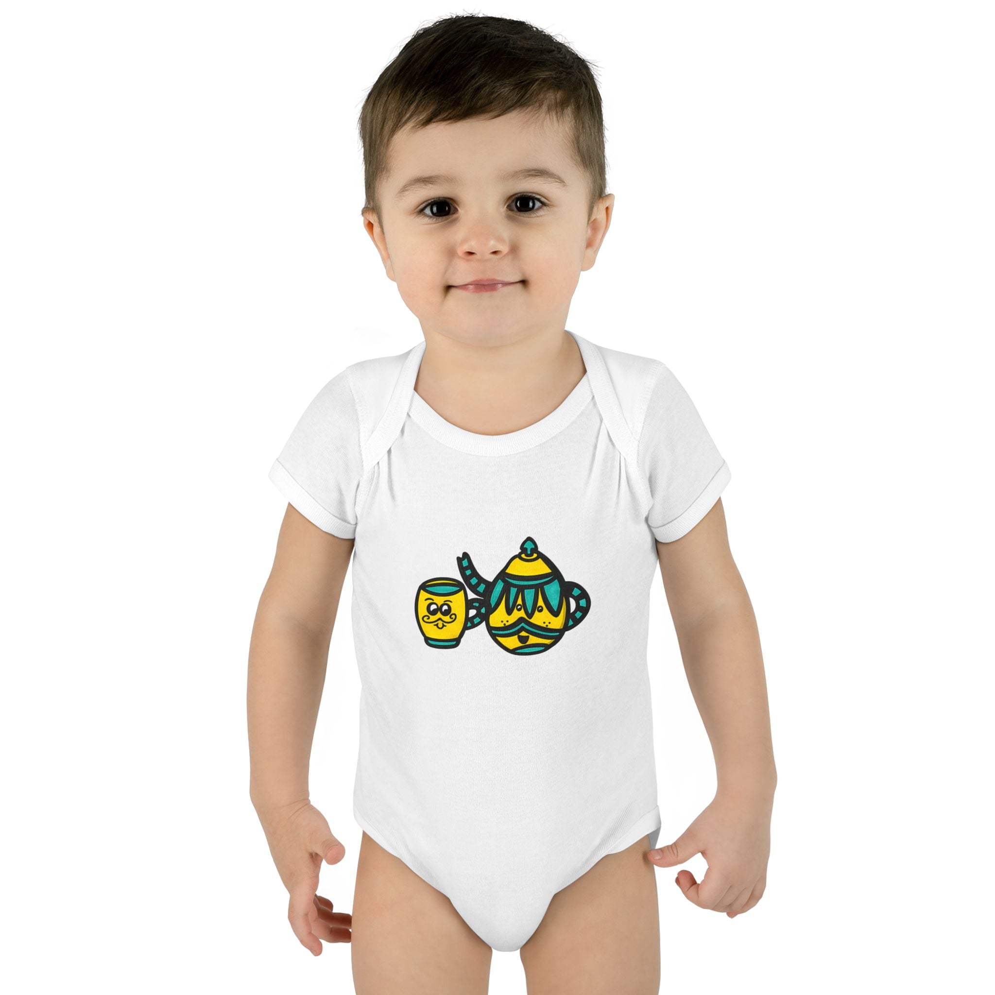 Hand-Drawn Yellow and Teal Teapot and Mustache Cup Baby Bodysuit | Cute Teatime Infant Onesie