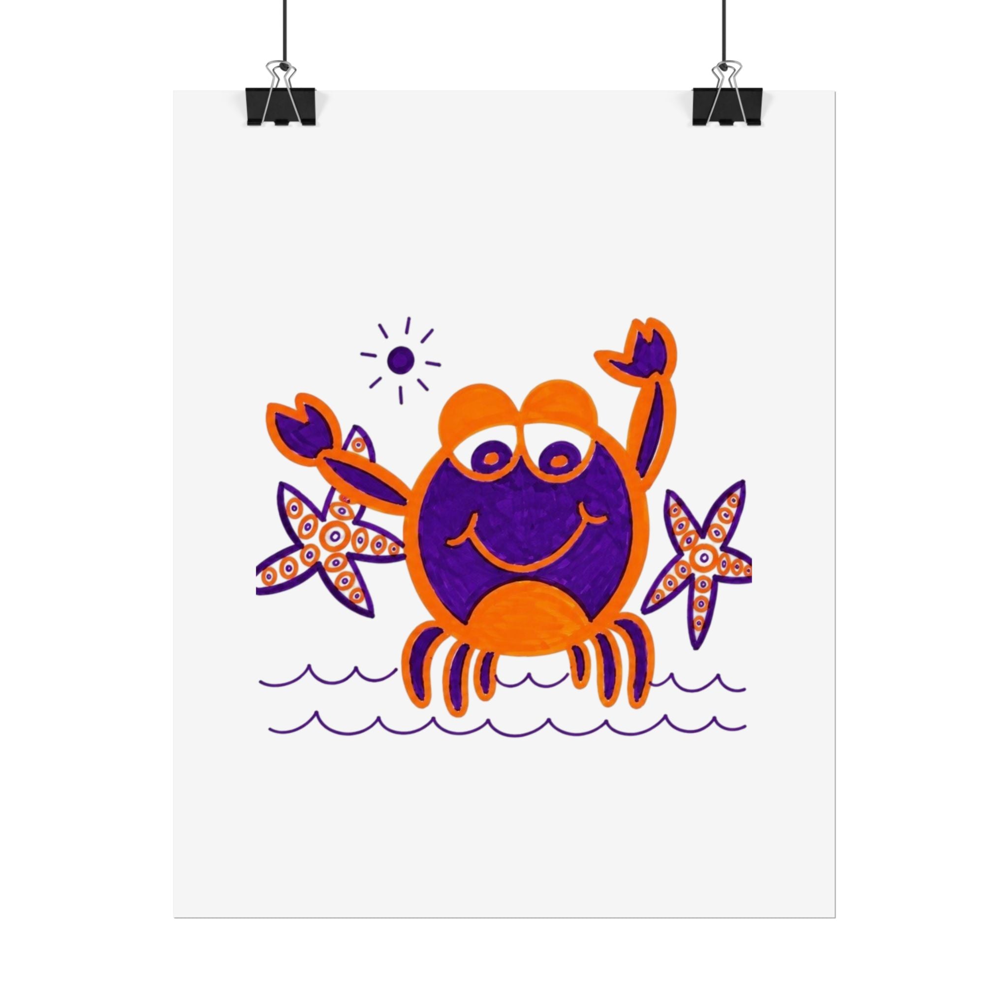 Hand-Drawn Happy Crab Illustration rolled poster | Beach Sea Starfish Wall Art