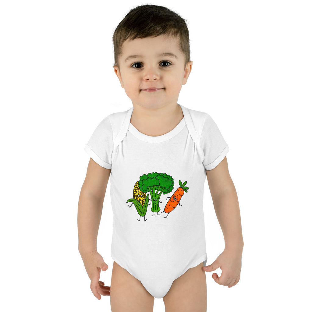 Hand-Drawn Happy Veggies Trio Infant Bodysuit | Corn Broccoli Carrot