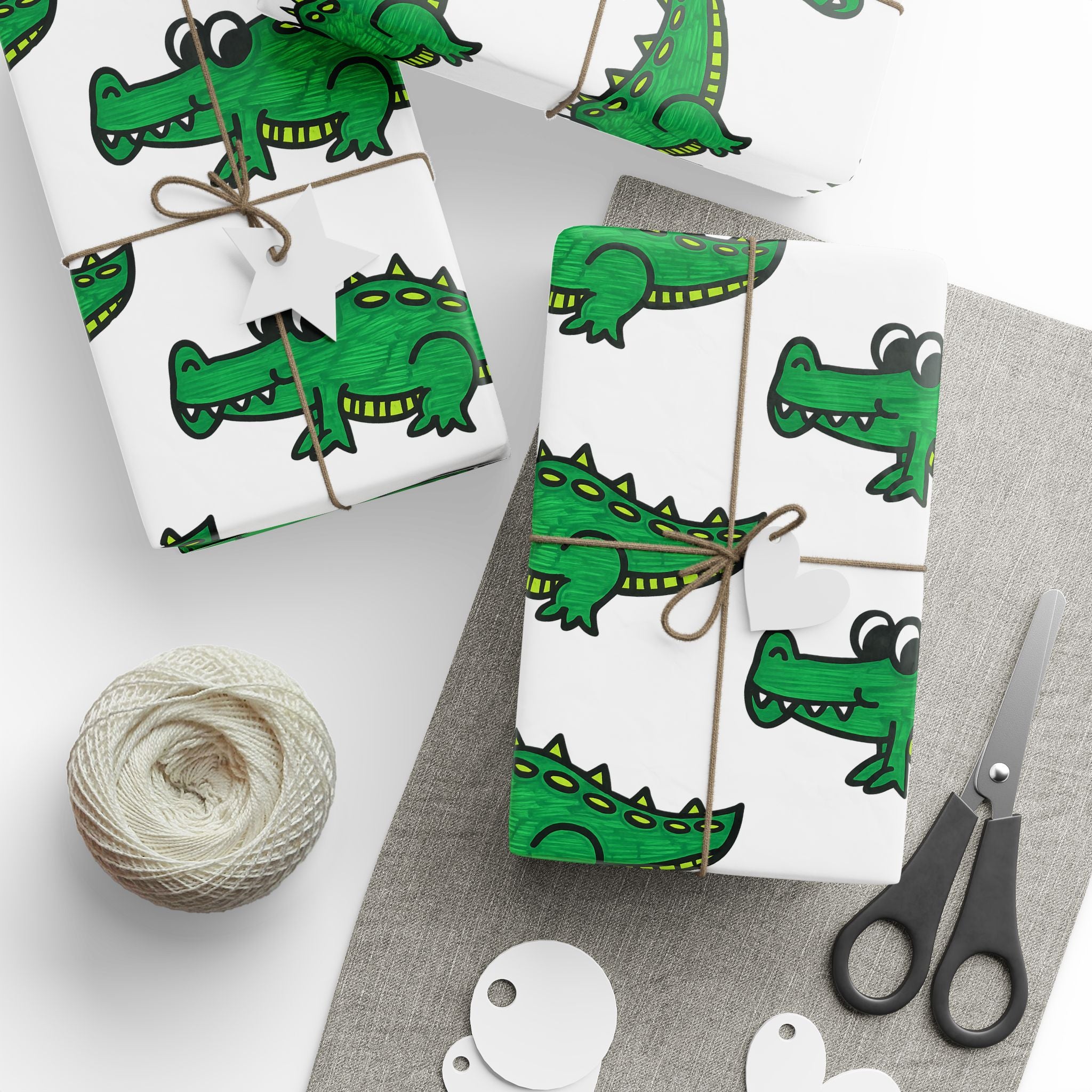 Hand-Drawn Green Cartoon Alligator Wrapping Paper | Repeating Dino Pattern
