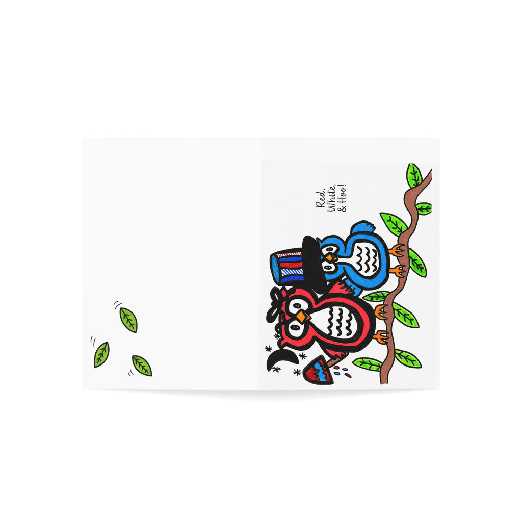 Cute Patriotic Owl Card, Hand Drawn Fourth of July Greeting Card, Whimsical Americana Owl Card, Red White Blue Card