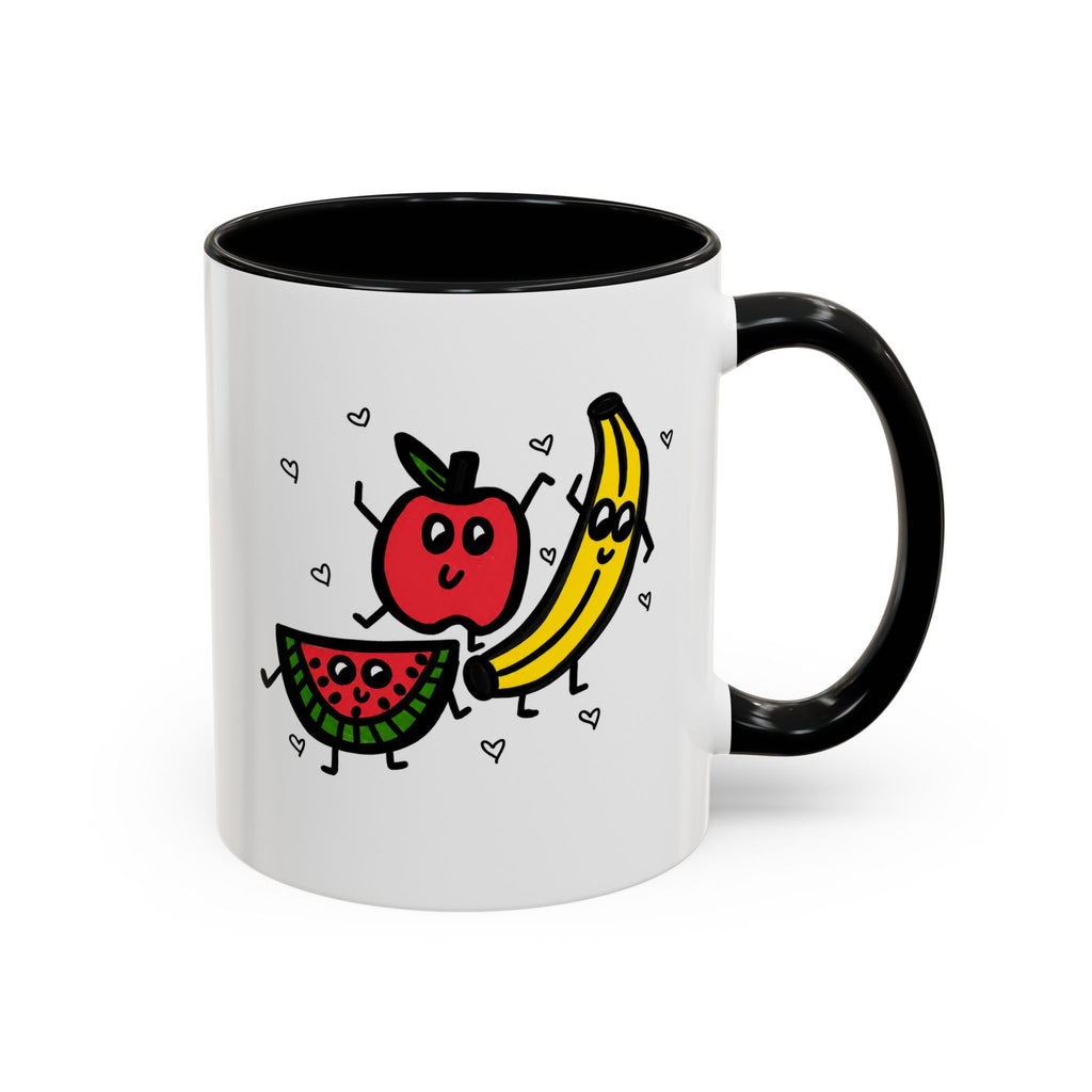 Hand-Drawn Smiling Banana Apple Watermelon Mug | Cute Fruit Faces Coffee Cup