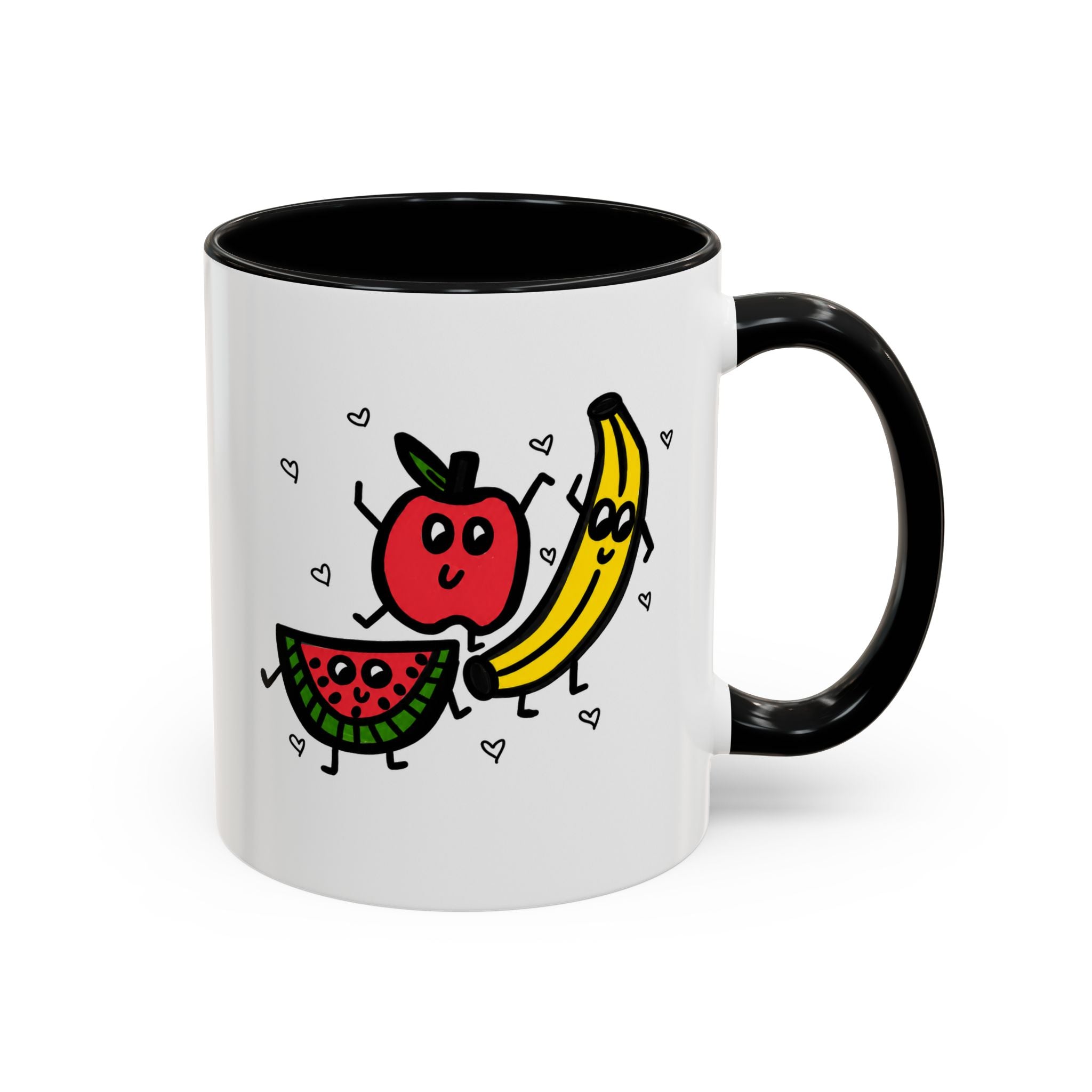 Hand-Drawn Smiling Banana Apple Watermelon Mug | Cute Fruit Faces Coffee Cup