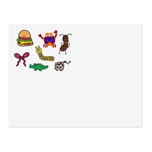 Cute Cartoon Food & Animal Sticker Sheet | Burger Crab Ant Bow Alligator Caterpillar Cat
