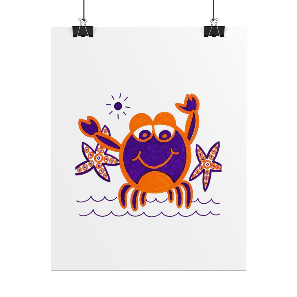 Hand-Drawn Happy Crab Illustration rolled poster | Beach Sea Starfish Wall Art