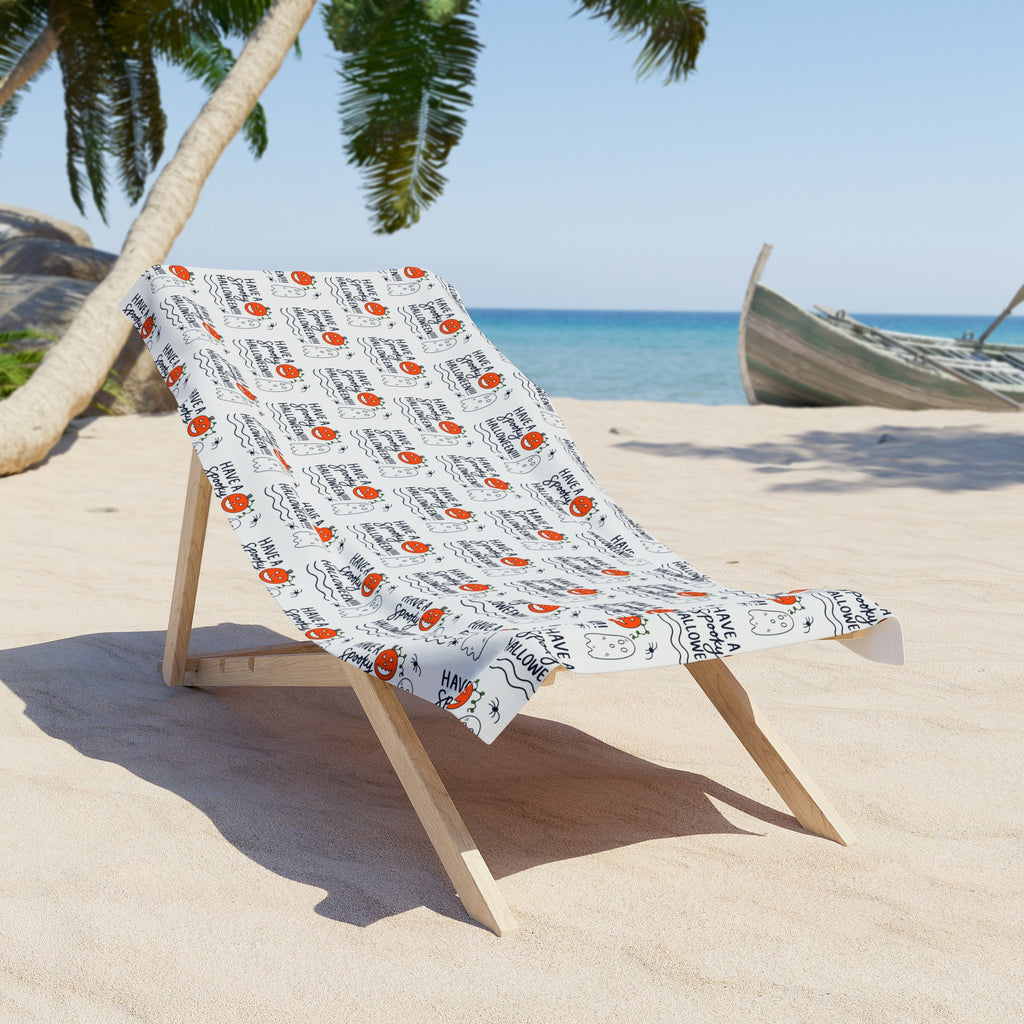Hand-Drawn "Have a Spooky Halloween" ghosts spiders pumpkin Beach Towel