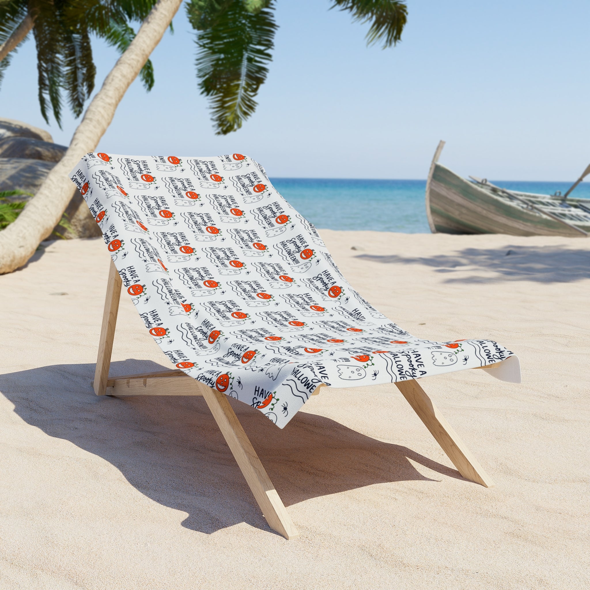 Hand-Drawn "Have a Spooky Halloween" ghosts spiders pumpkin Beach Towel
