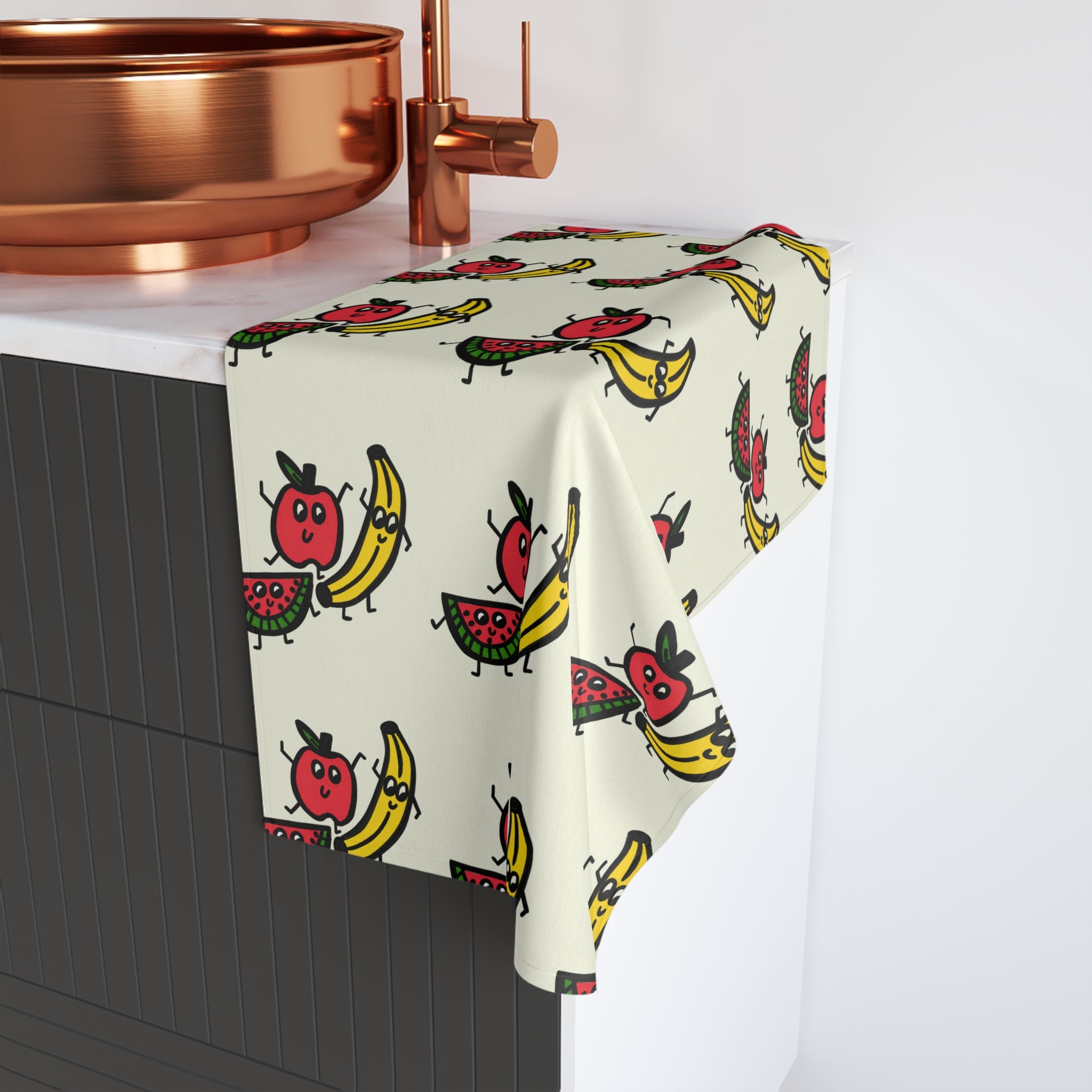 Hand-Drawn Smiling Fruit Characters apple watermelon banana Hand Towel | Cute Kitchen Towel