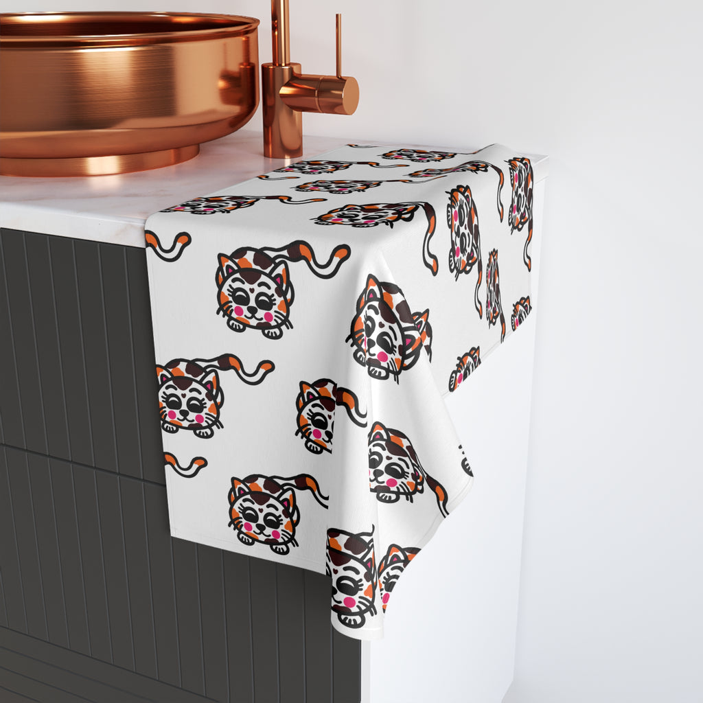 Hand-Drawn Cute Calico Cat Pattern Hand Towel | Cute Cat Face Repeat Design