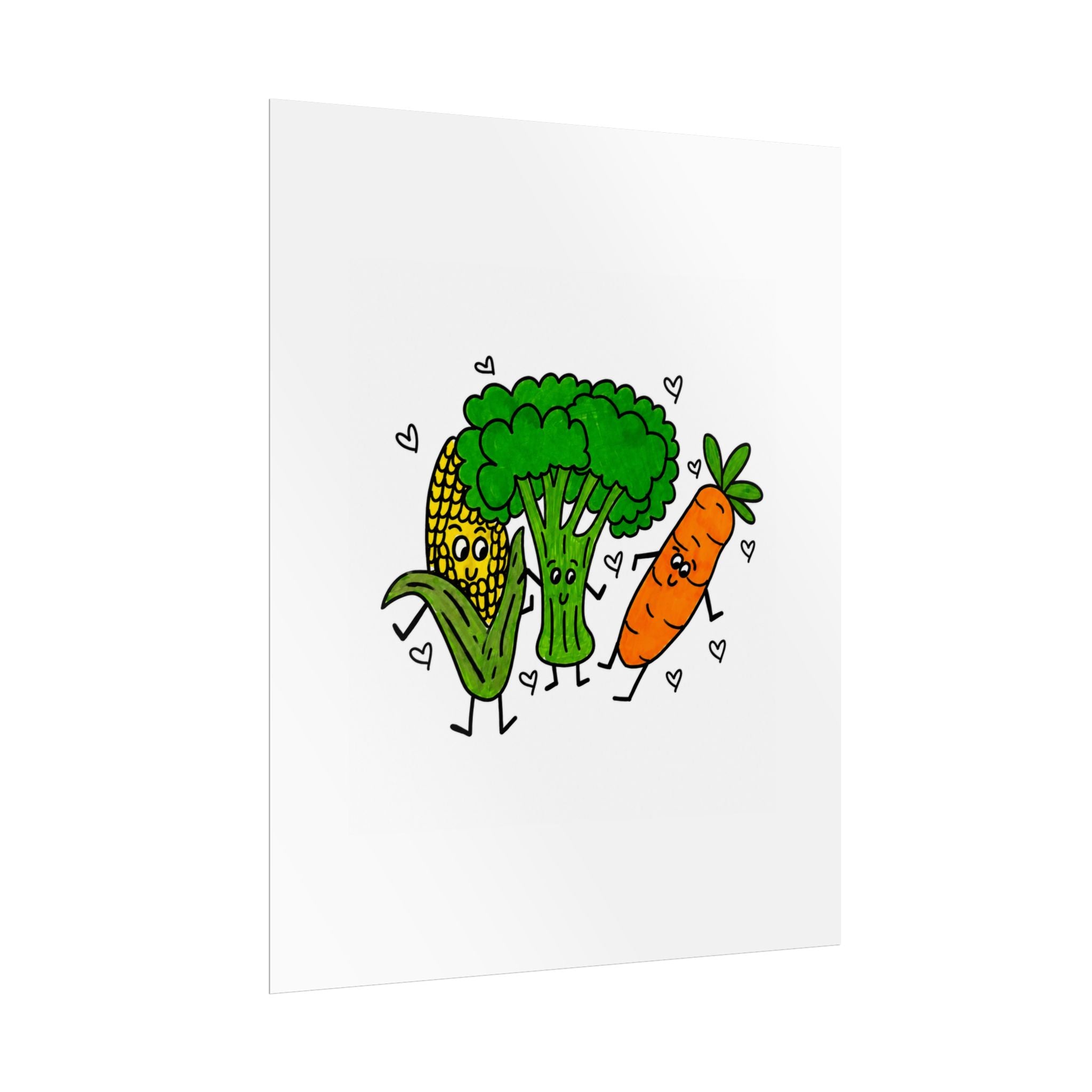 Hand-Drawn Cute Veggie Trio Poster | Corn Broccoli Carrot Wall Art