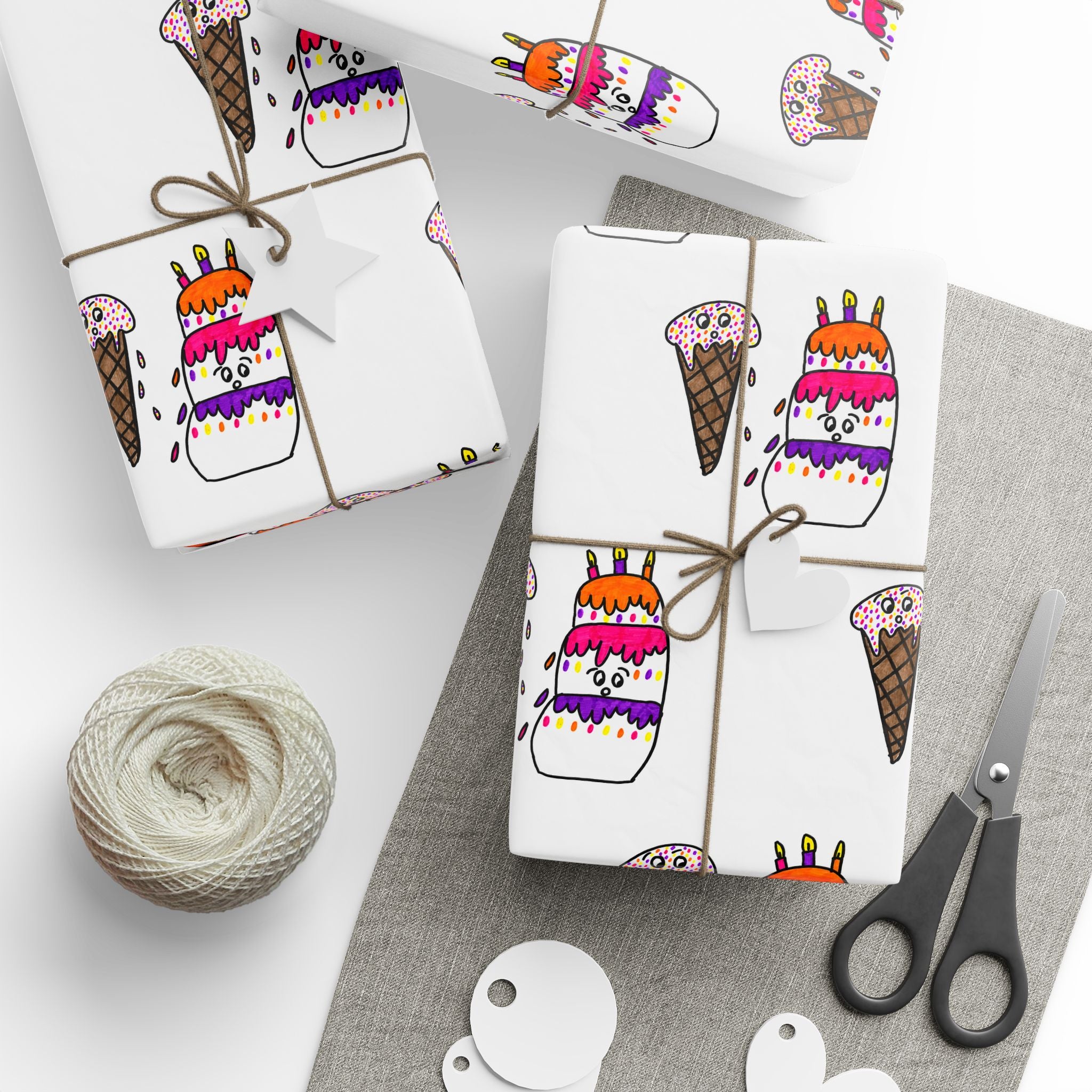 Hand-Drawn Colorful Birthday Party Wrapping Paper | Birthday Gift Wrap, Cute Cake, Ice Cream Pattern
