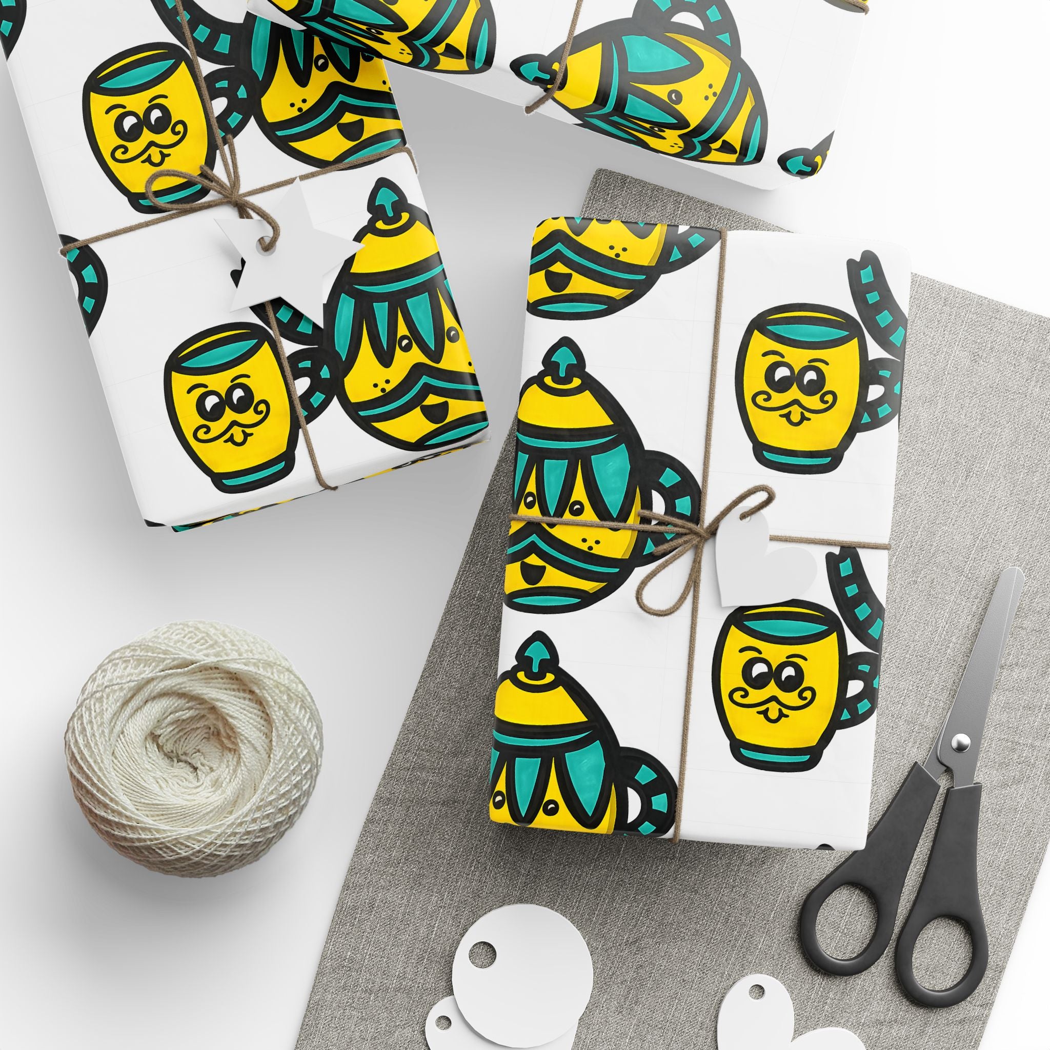 Hand-Drawn Teal and Yellow Teapot Pattern Wrapping Paper | Cute Mustache Tea Party Gift Wrap