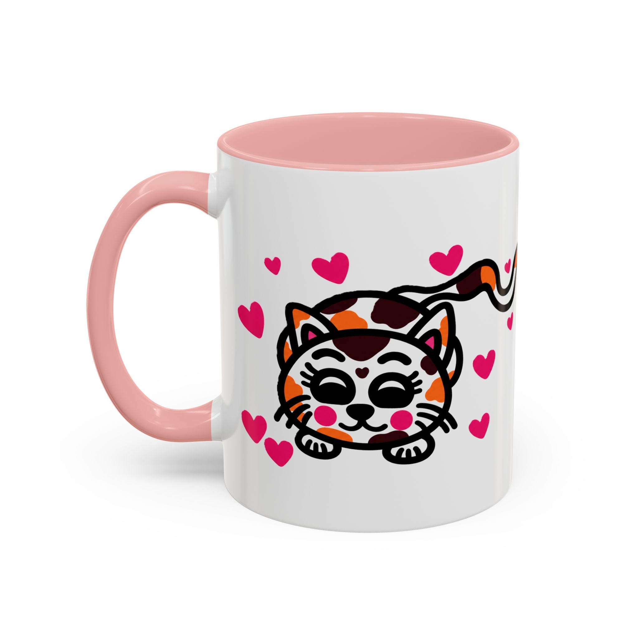 Hand-Drawn Calico Cat with Pink Hearts Mug | Accent Coffee Mug 11oz 15oz
