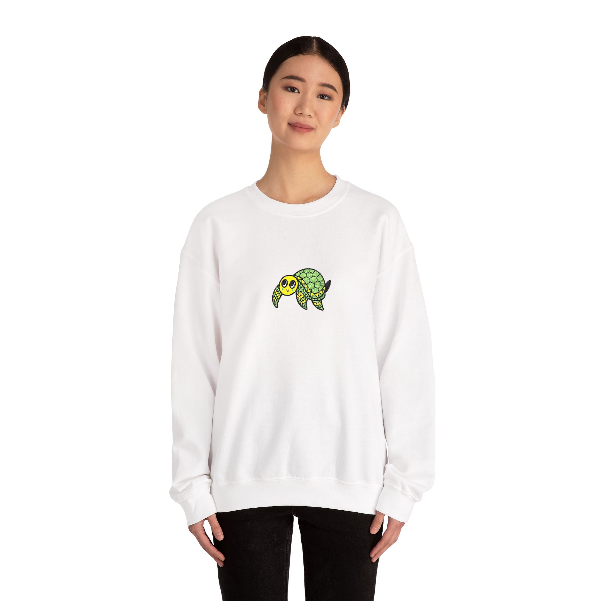 Hand-Drawn Green Turtle Illustration Sweatshirt | Small Center Chest Patch Design
