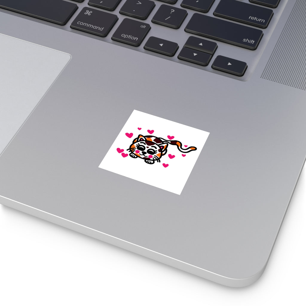 Hand-Drawn Calico Cat with Pink Hearts Square Sticker | Indoor Outdoor