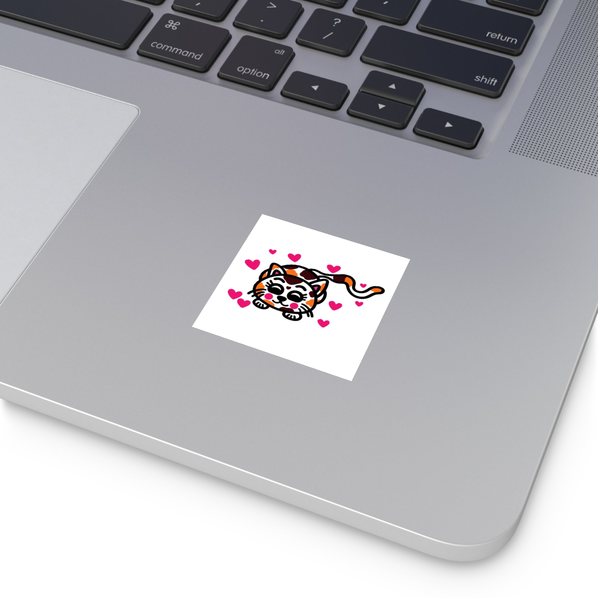 Hand-Drawn Calico Cat with Pink Hearts Square Sticker | Indoor Outdoor