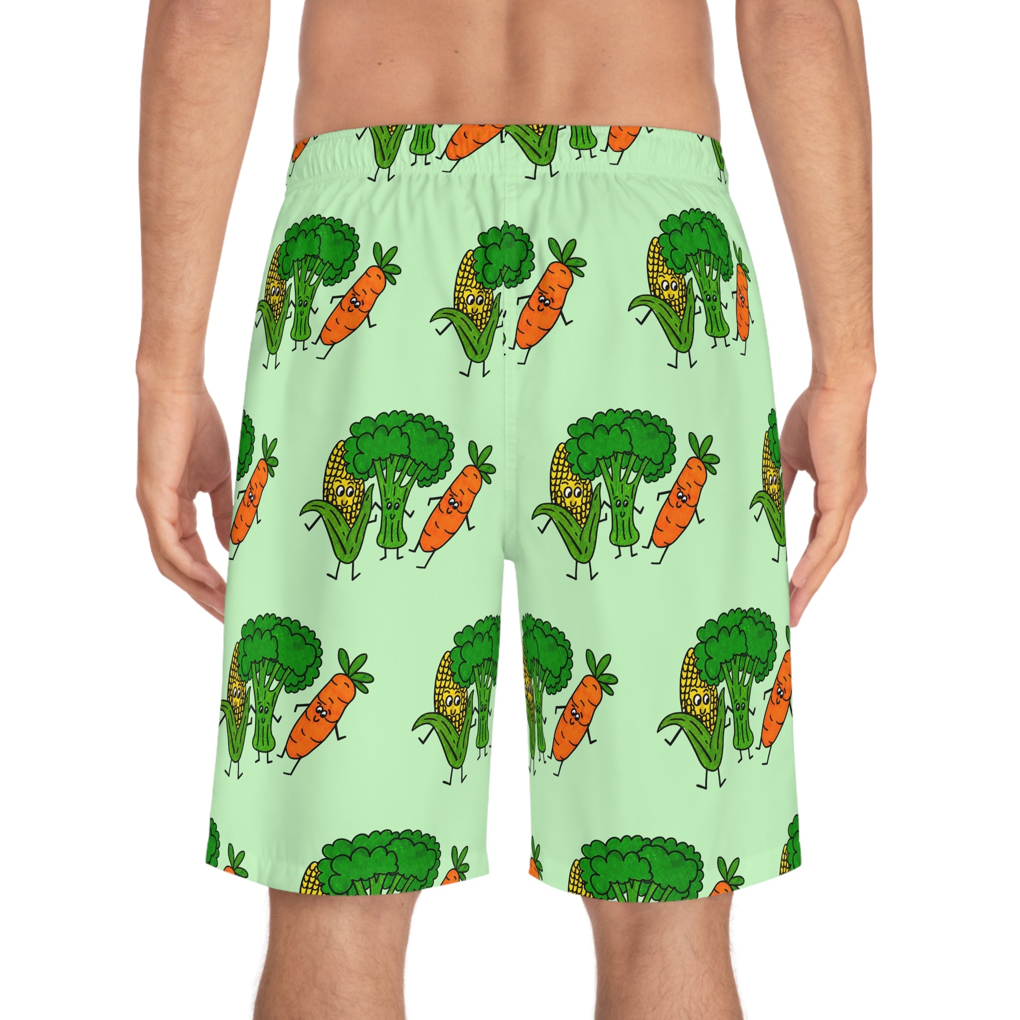 Hand-Drawn Broccoli, Corn, and Carrot Pattern Board Shorts | All-Over Print