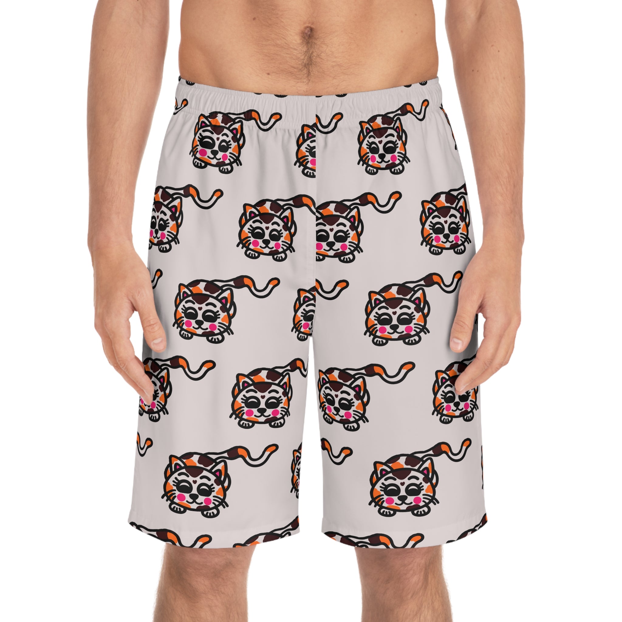 Hand-Drawn Cute Calico Cat Pattern Board Shorts | All-Over Print Swim Trunks