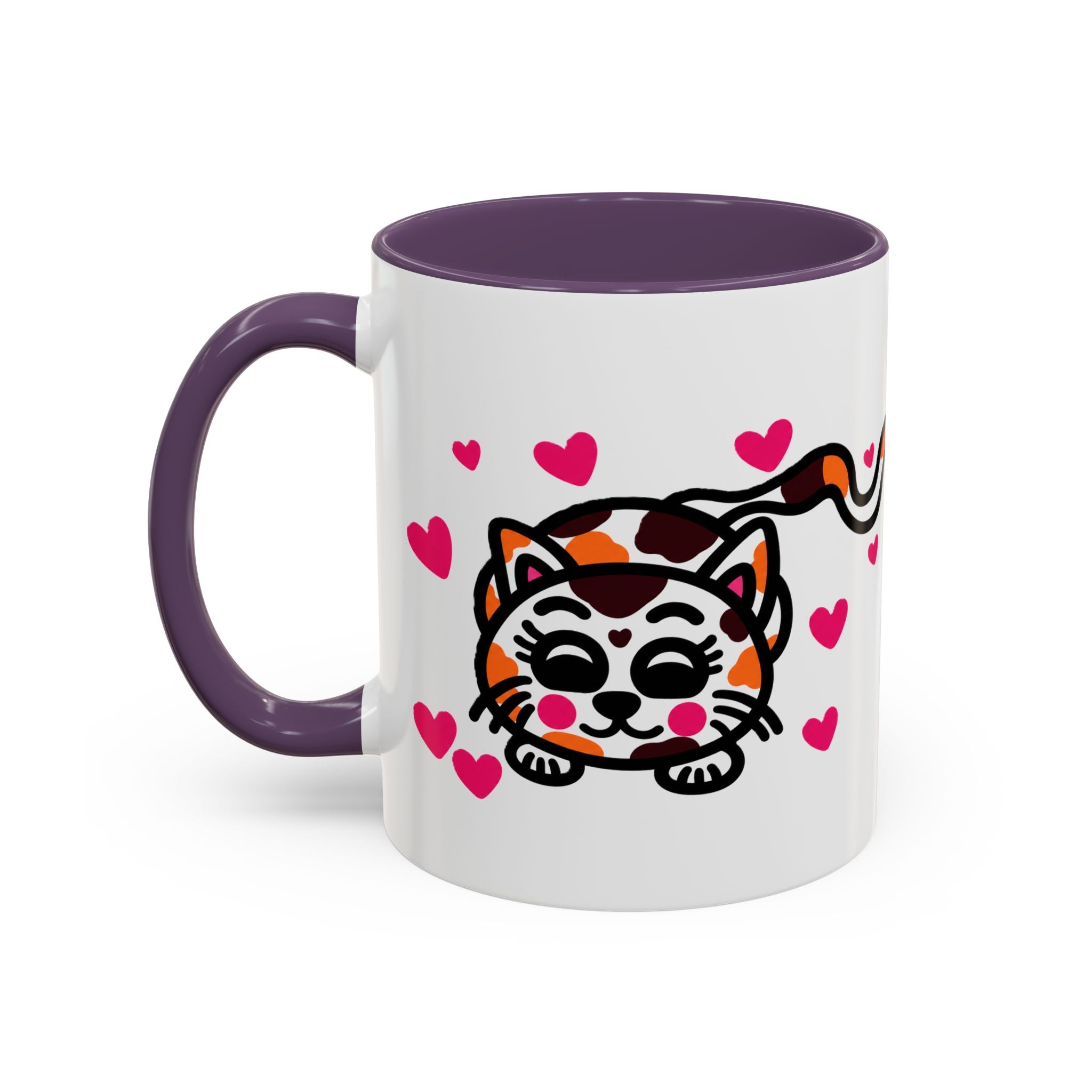 Hand-Drawn Calico Cat with Pink Hearts Mug | Accent Coffee Mug 11oz 15oz