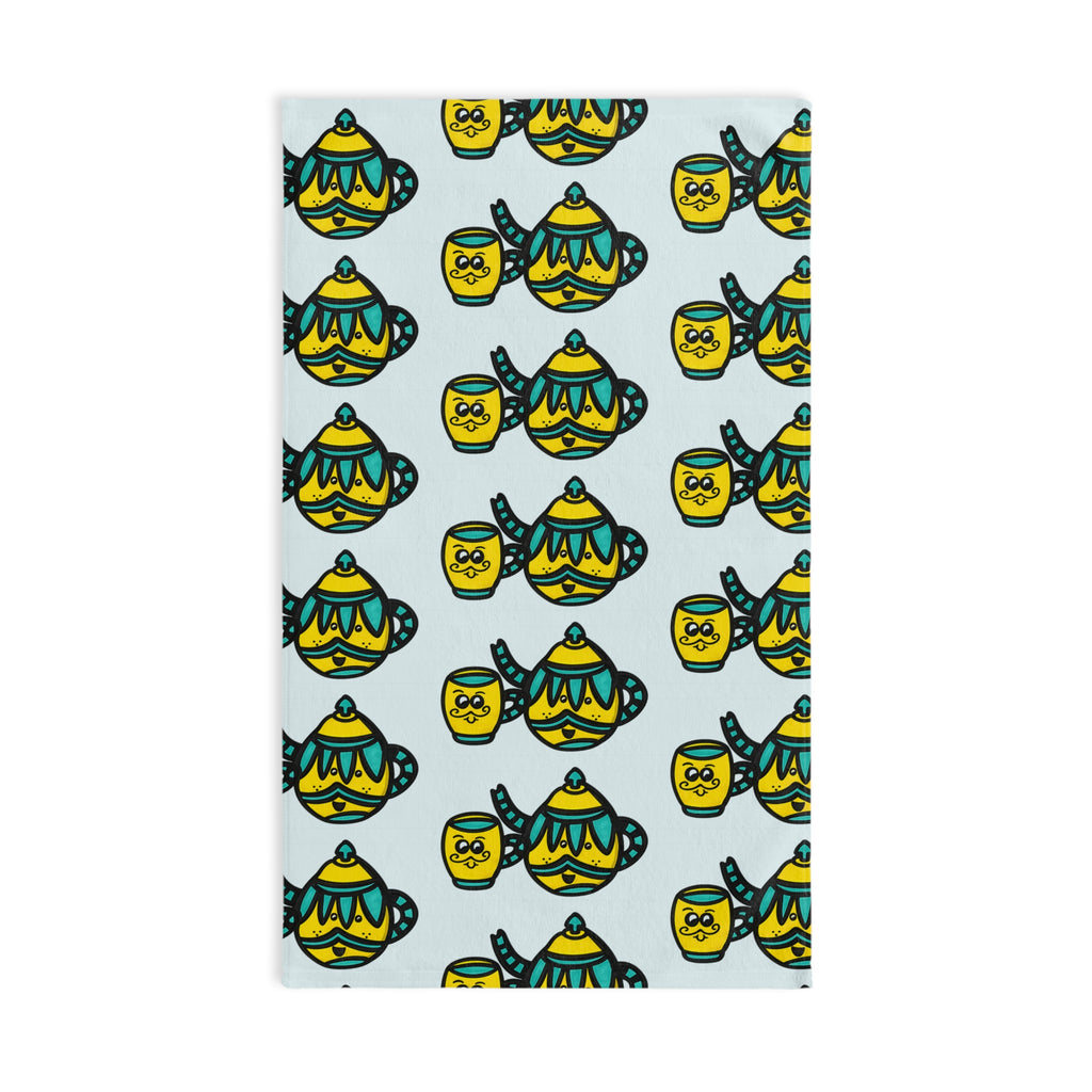 Hand-Drawn Yellow and Teal Mustache Teapot and Mug Pattern Hand Towel | Cute Teatime Kitchen Linen