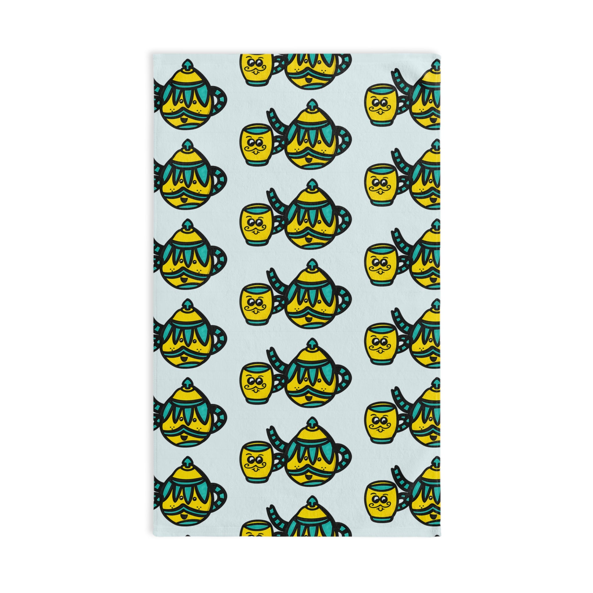 Hand-Drawn Yellow and Teal Mustache Teapot and Mug Pattern Hand Towel | Cute Teatime Kitchen Linen