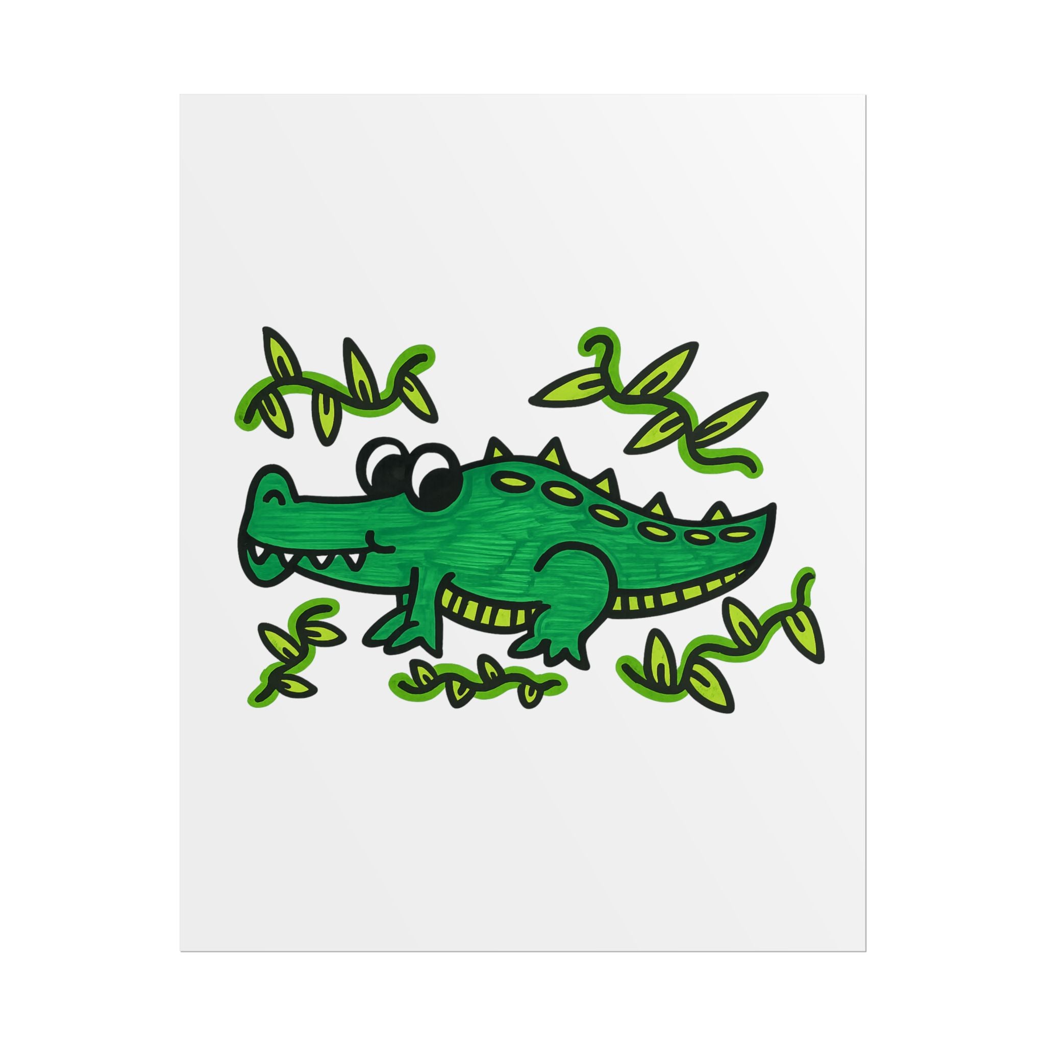 Hand-Drawn Cartoon Alligator Rolled Poster | Cute Green Crocodile Wall Art