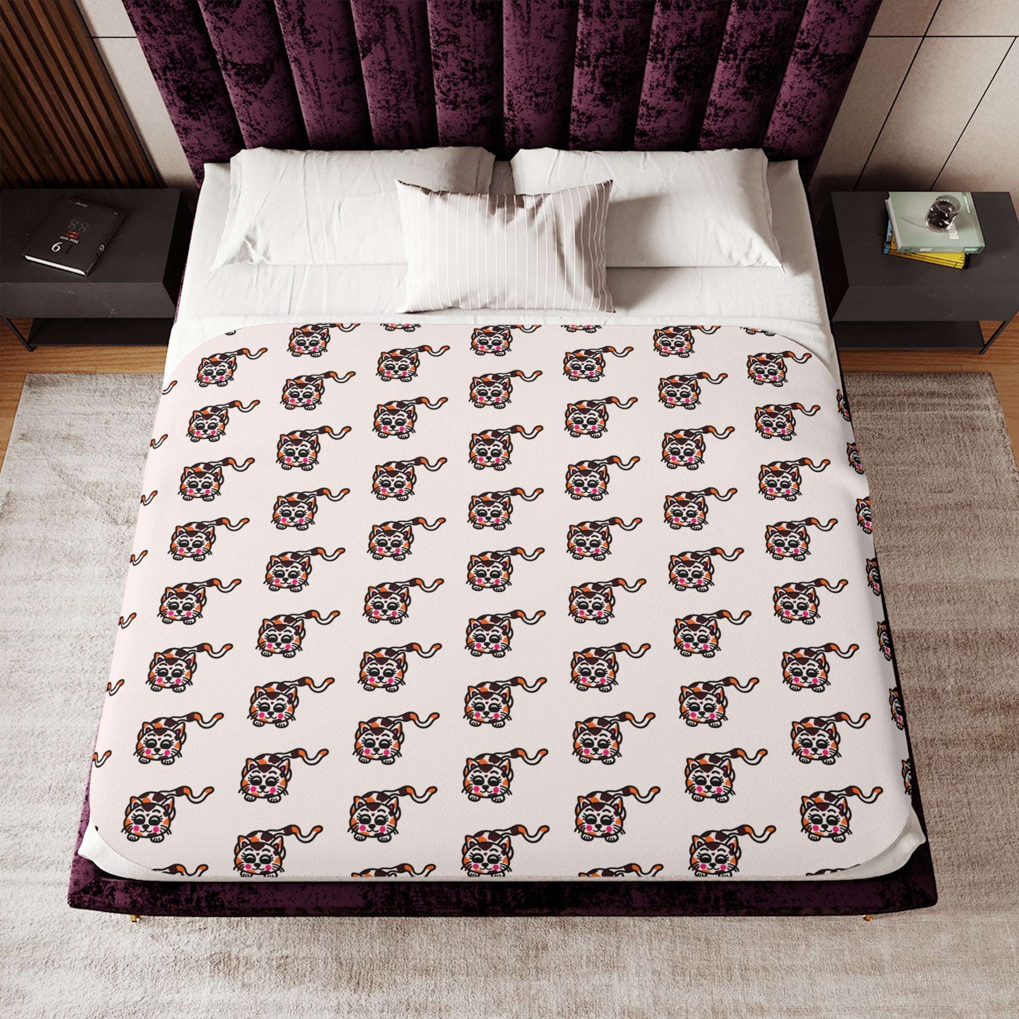Hand-Drawn Cute Patterned Cat Sherpa Blanket | Cream Repeat Illustration