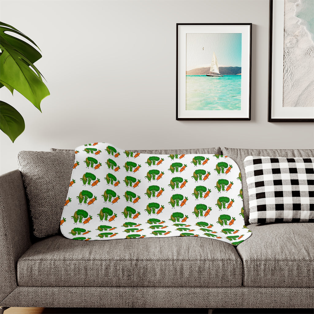 Hand-Drawn Corn, Broccoli, and Carrot Veggie Pattern Sherpa Blanket | Vegetable Motif Repeat Print