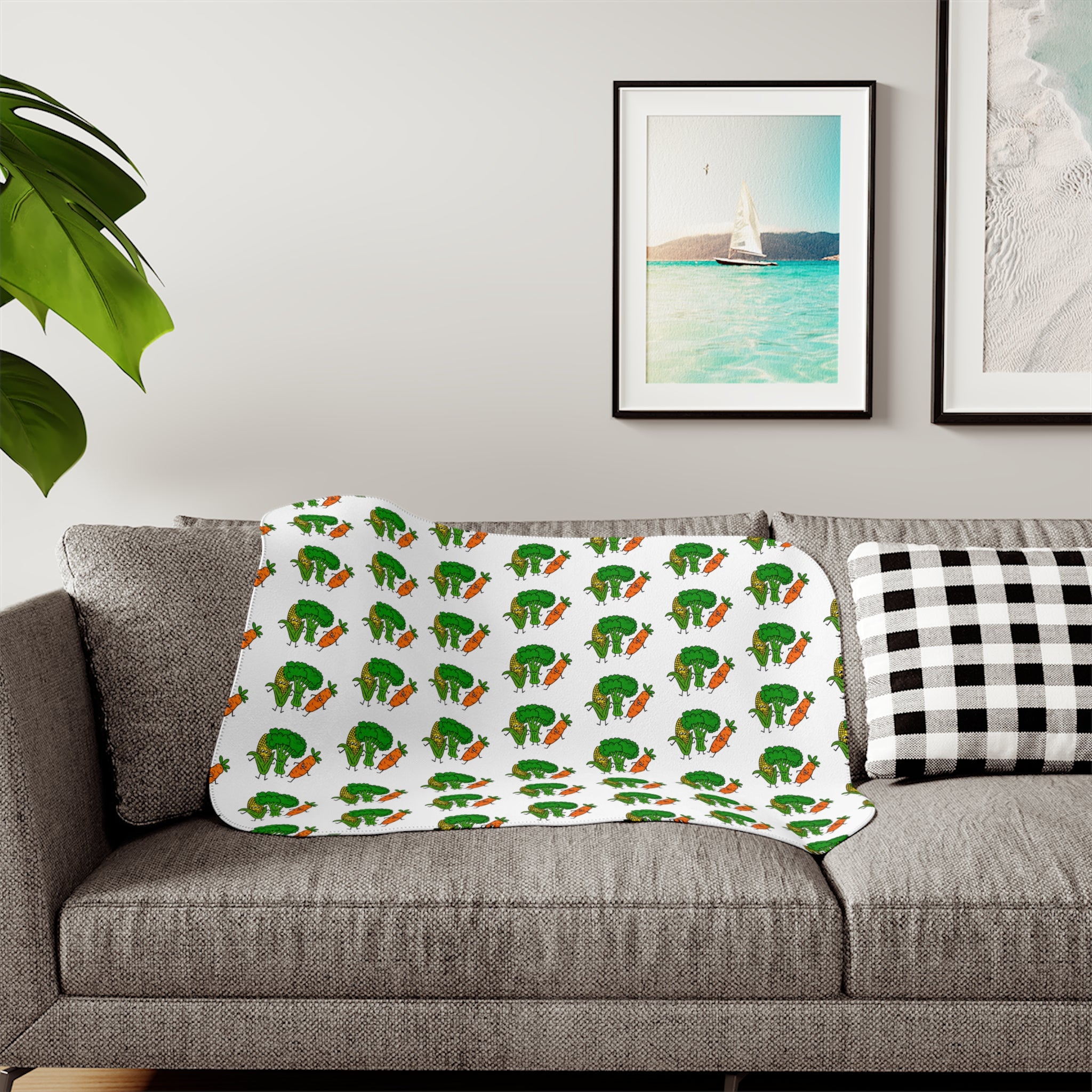 Hand-Drawn Corn, Broccoli, and Carrot Veggie Pattern Sherpa Blanket | Vegetable Motif Repeat Print
