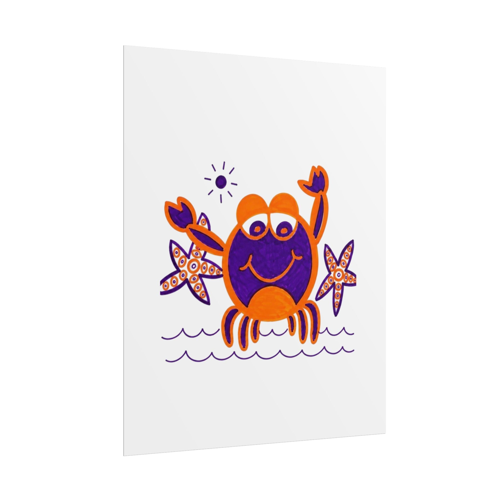 Hand-Drawn Happy Crab Illustration rolled poster | Beach Sea Starfish Wall Art