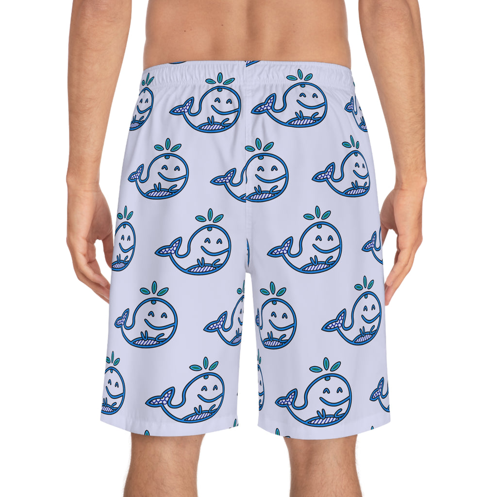 Hand-Drawn Smiling Whale Pattern Board Shorts | All-Over Print Swim Trunks