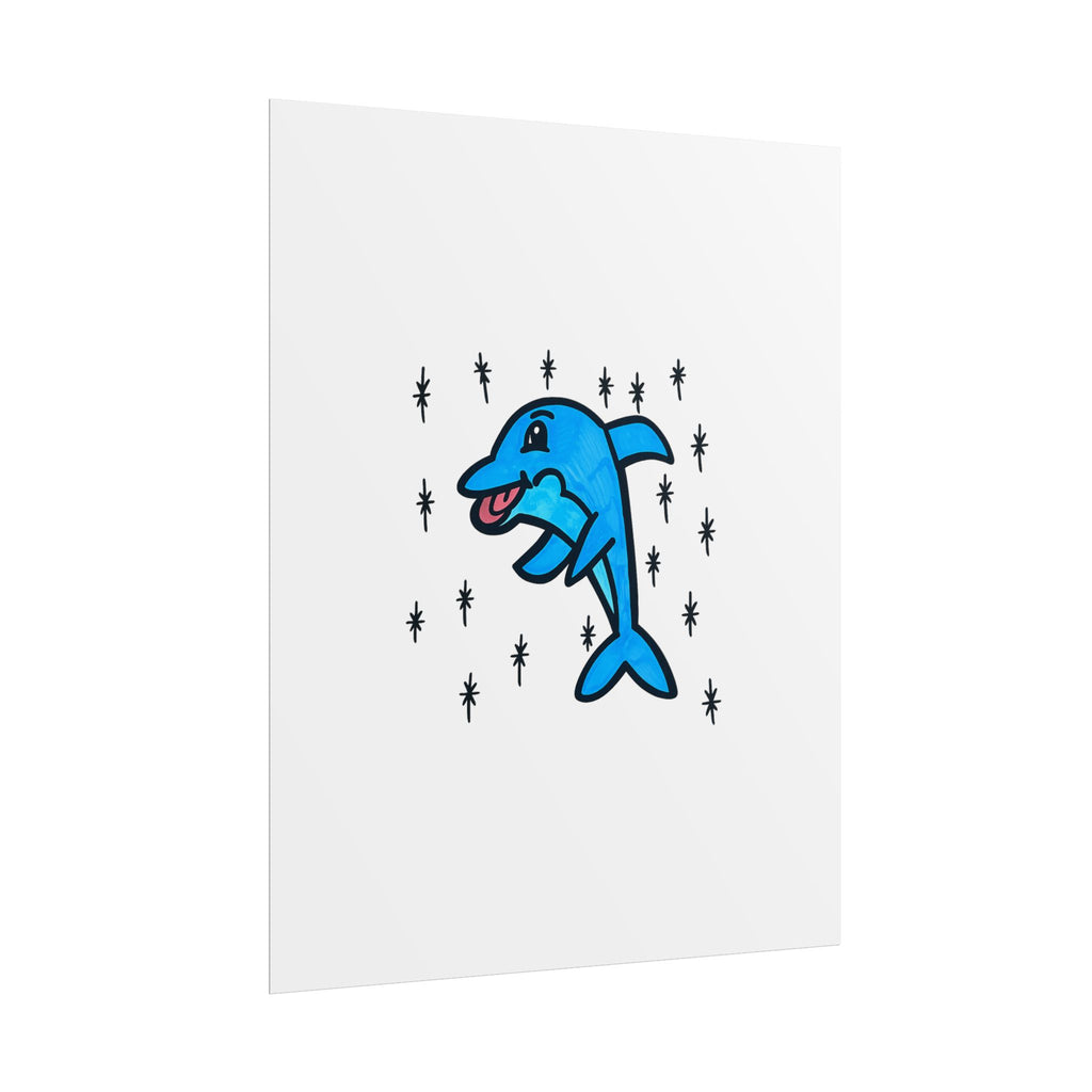 Hand-Drawn Cute Blue Dolphin Rolled Poster | Cartoon Sea Life Wall Art