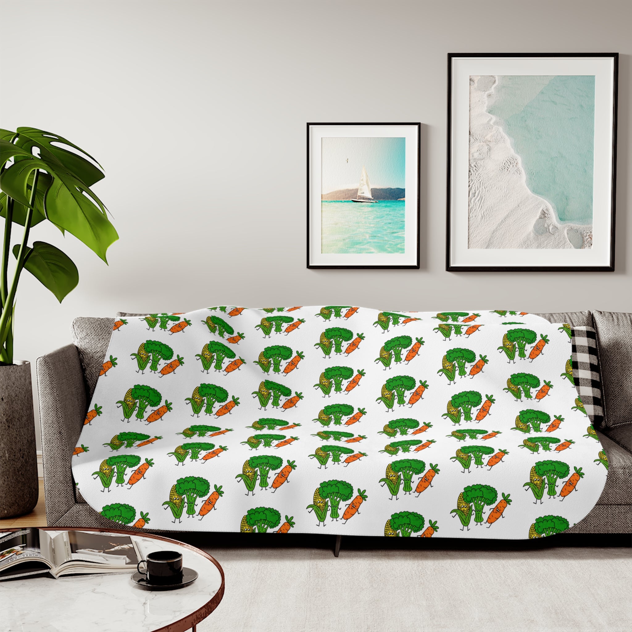 Hand-Drawn Corn, Broccoli, and Carrot Veggie Pattern Sherpa Blanket | Vegetable Motif Repeat Print